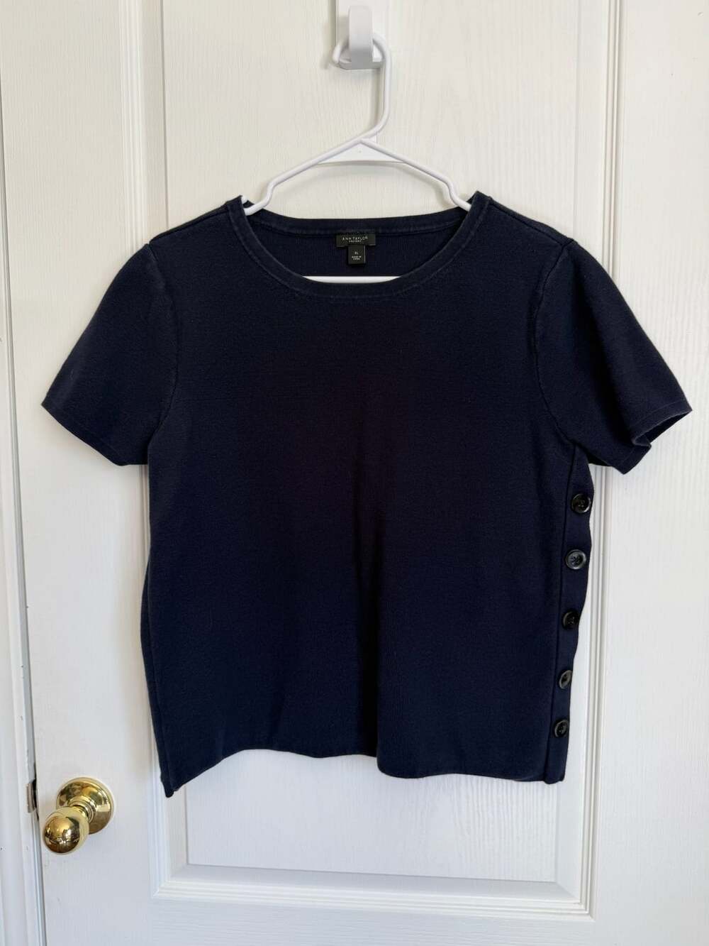 Ann Taylor Factory Navy Blue Cotton Blend Knit Short Sleeve Top with Side Button
